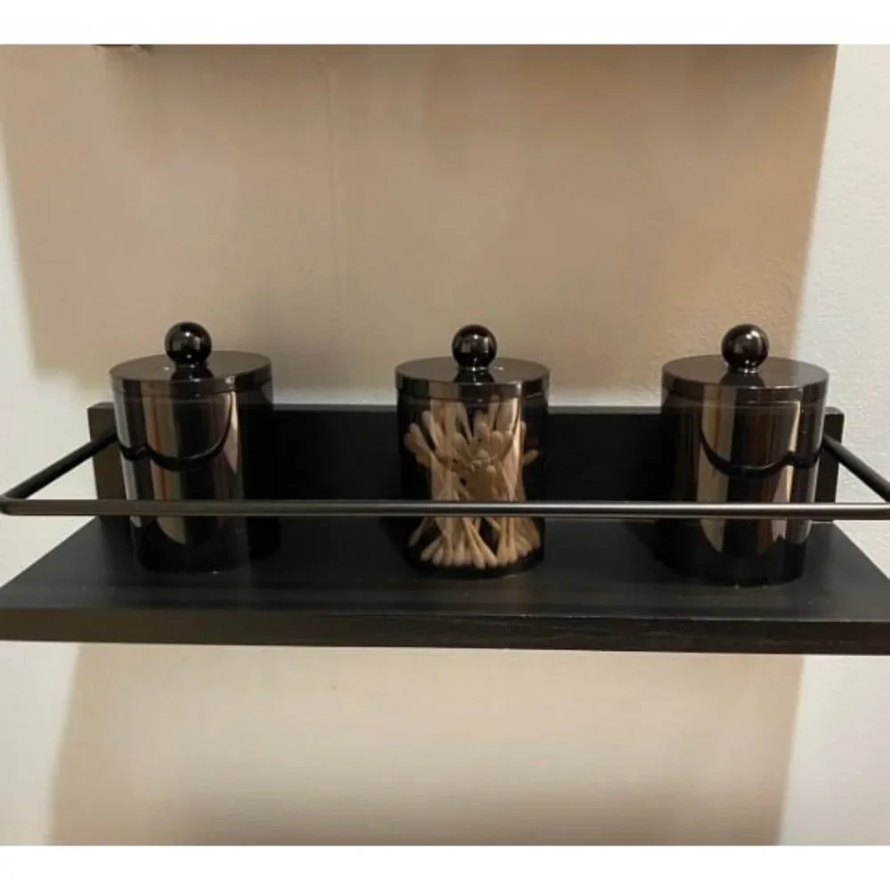 3 Pack Qtip Dispenser Apothecary Jars Bathroom with Labels-12 oz Black Plastic